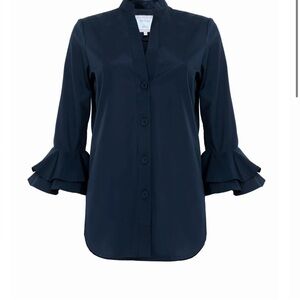 Dovima Paris Chic Navy Button-Up Blouse with Ruffle Sleeves